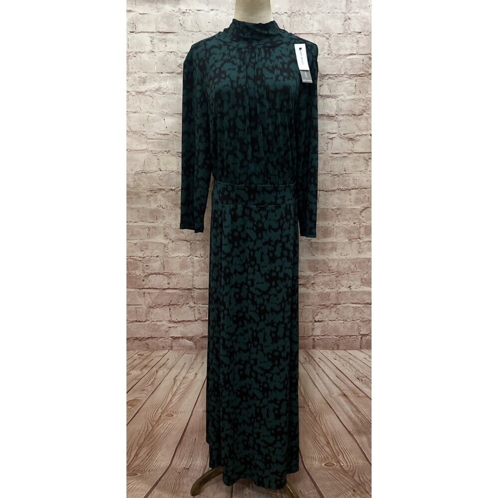Lane Bryant Green Animal Print Maxi Dress Long Sleeve Mock Neck Tie Back - 18/20